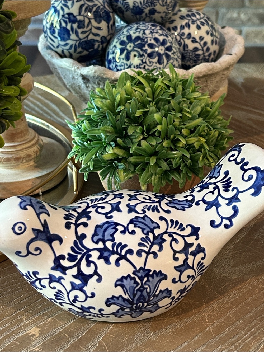 NEW! Shabby Chic Ceramic Blue & White Floral Ceramic Chinoiserie Love Song Bird - Picture 8 of 9